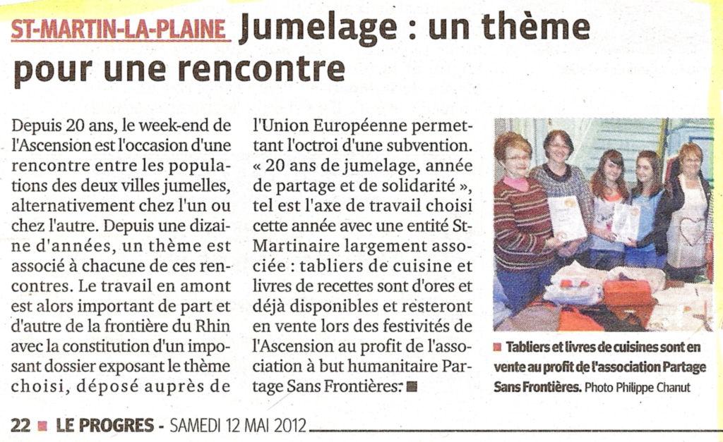 Article du Progrès de Lyon du 12 mai 2012, annonçant les festivités des 20 ans de jumelage entre Igensdorf et Saint-Martin la Plaine